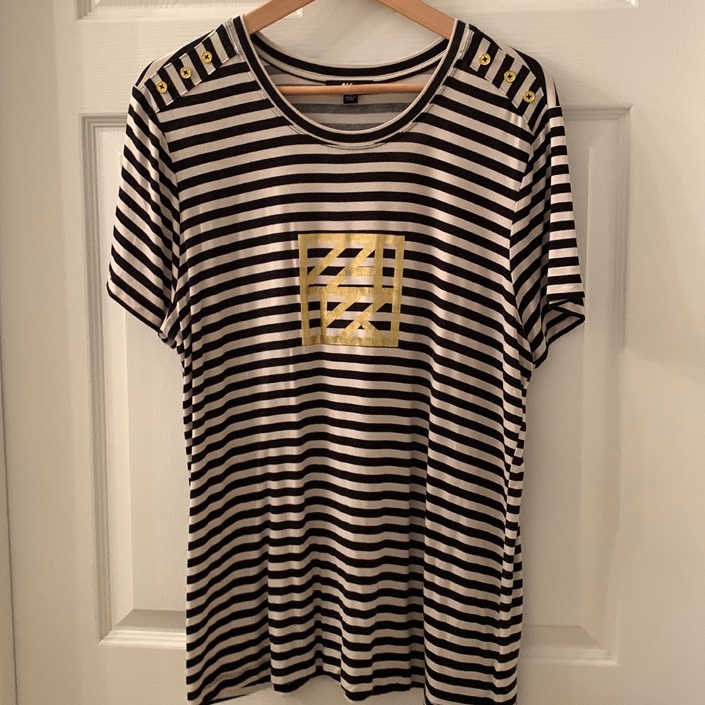 Anne Klein Sport top in black/beige with gold trim and buttons.
